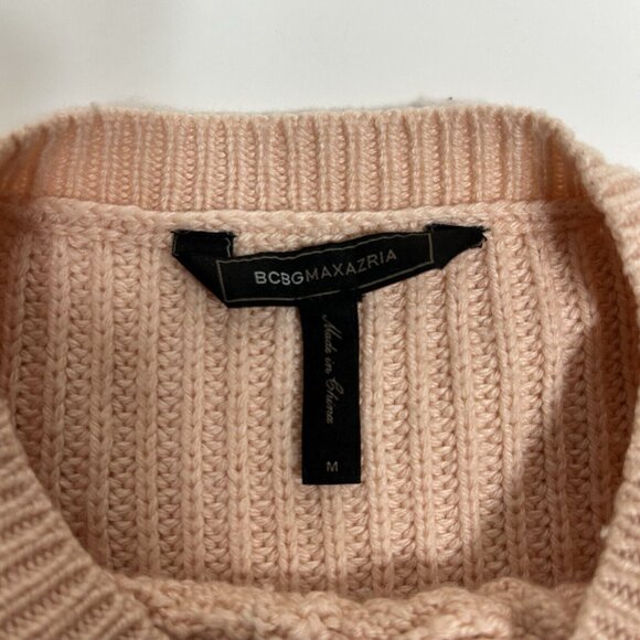 BCBG MAXAZRIA Caleigh Pink Salmon Thick Cable Knit Long Cuffed Sleeve Sweater M - Picture 4 of 6